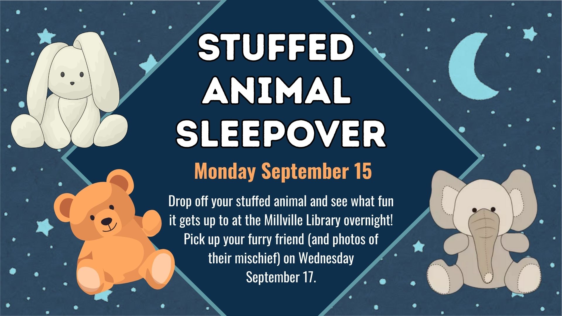 Stuffed animals over a night time background.